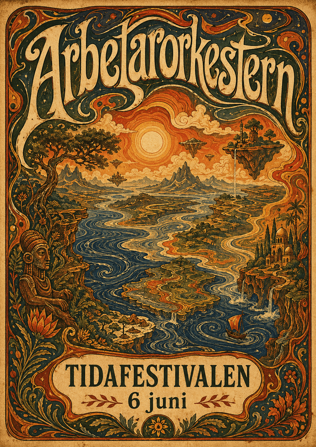 Tidafestivalen 2026 affisch i jugendstil — fantasilandskap med slingrande flod, flygande öar och stiliserad sol i orange och blått. Texten "Arbetarorkestern · Tidafestivalen 6 juni".